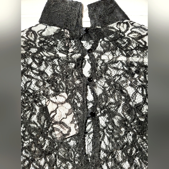 VALENTINO R.E.D BLACK FLORAL LACE LONG SLEEVE HIGH NECK BACK BUTTON BLOUSE M 42. - Picture 5 of 17